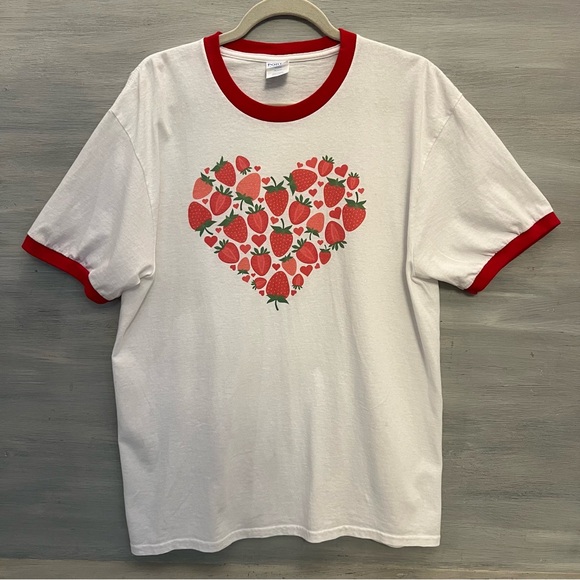 Port and Company Tops - Port & Company Core Cotton White Ringer Strawberry Heart Graphic Tshirt Large GC